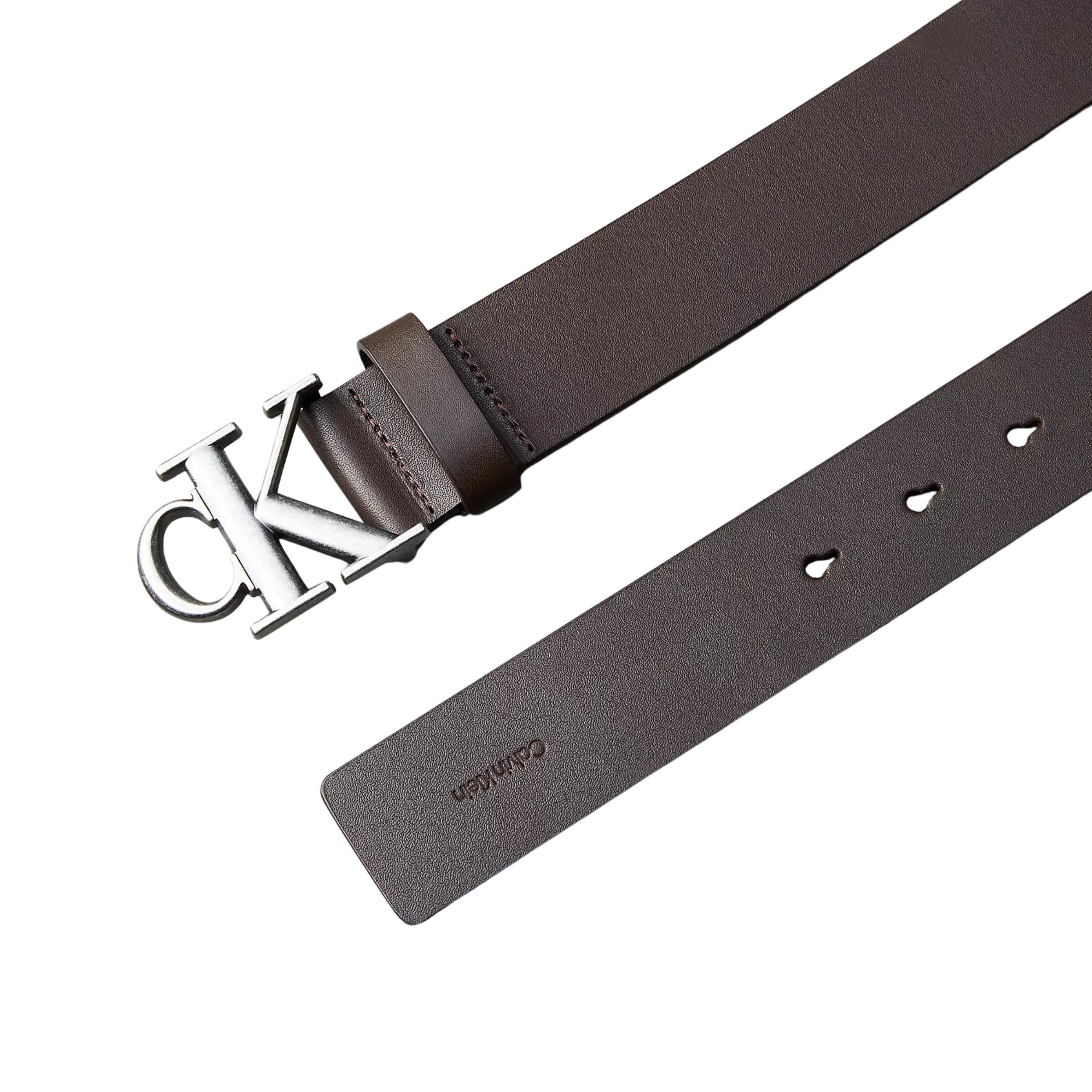 Calvin Klein Men Monogram Logo Belt - Ck Dark Brown Antique Silver
