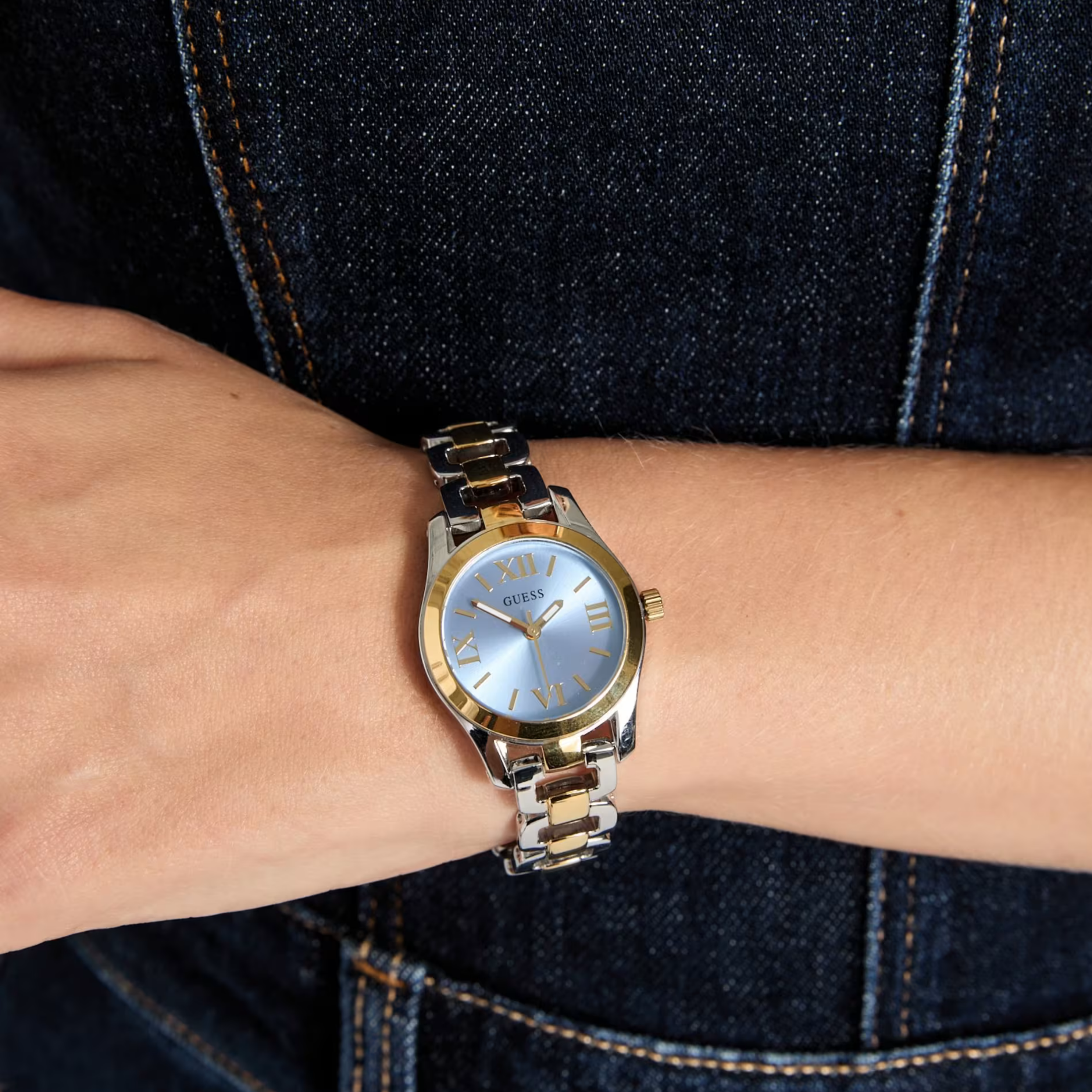 Guess Women Two Tone And Blue Analog Watch GW0927L3 - Silver Gold
