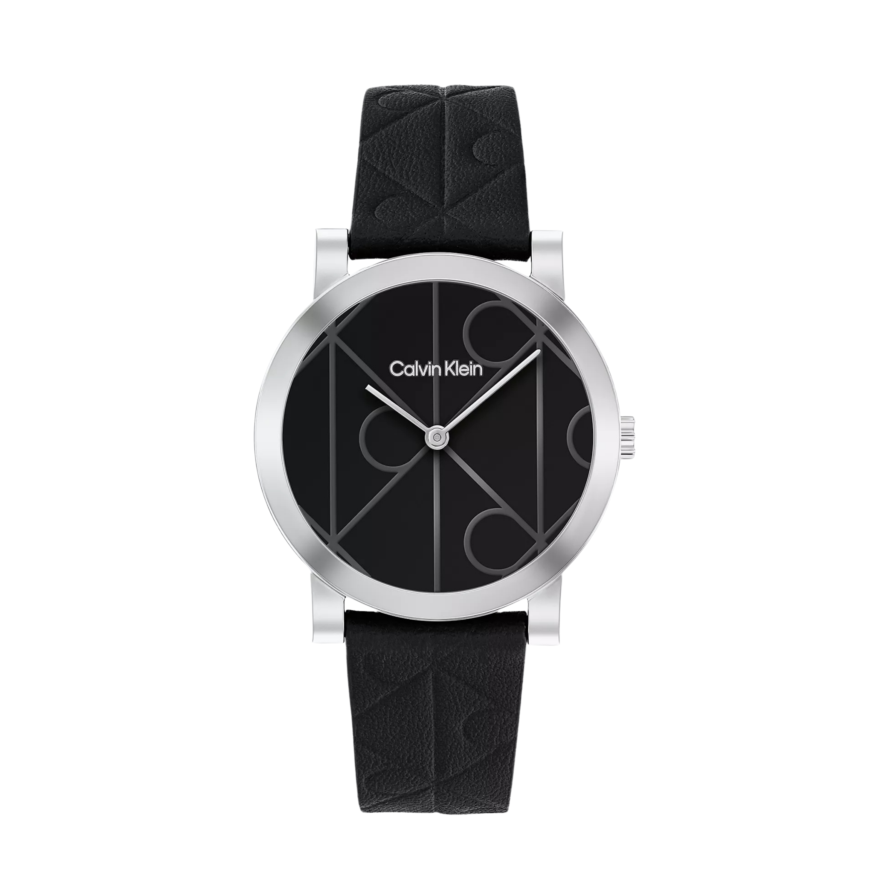 Calvin Klein Women Allover Emblem Dial Leather Strap Watch - Black