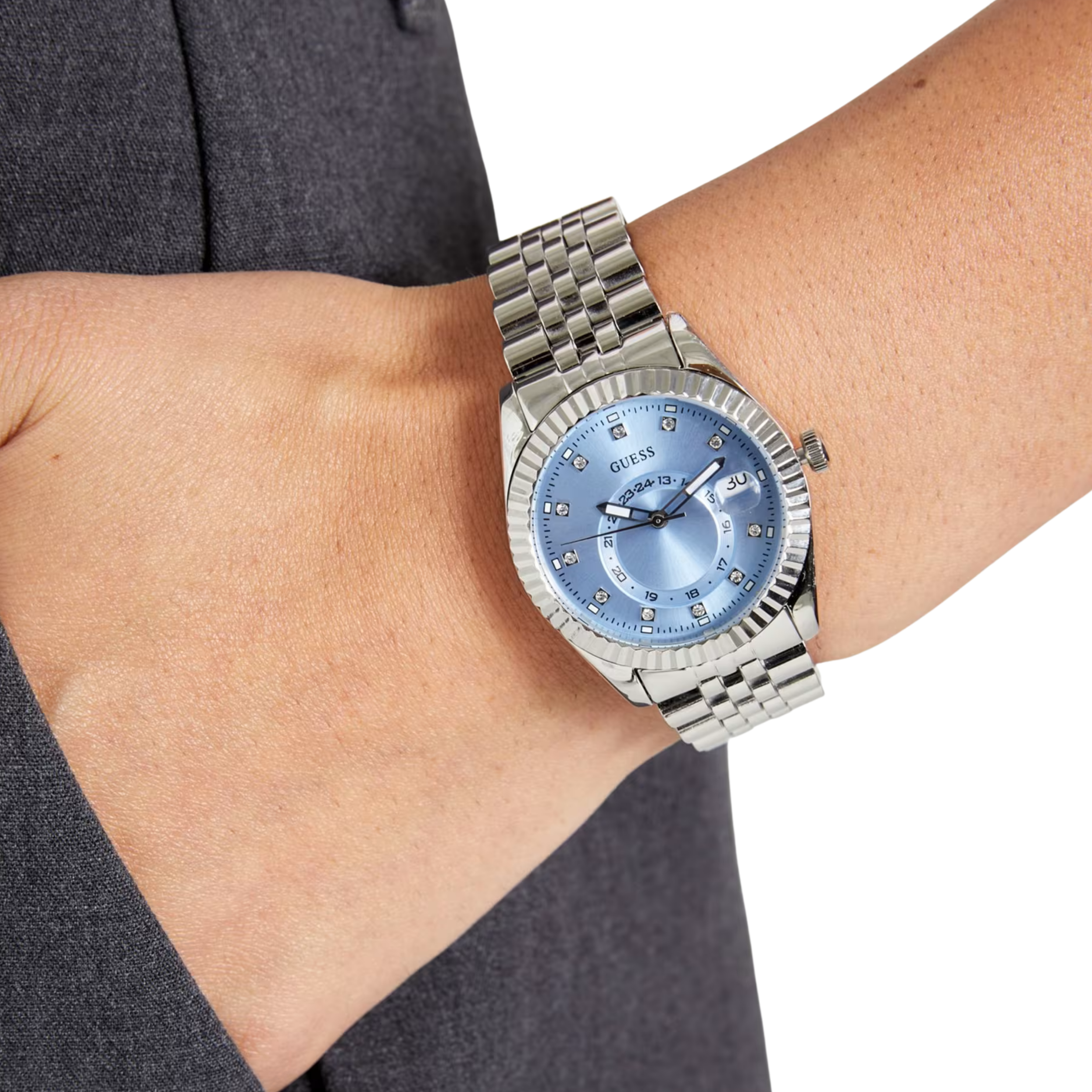 Guess Women Silver Tone And Blue Multifunction Watch GW0936L1 - Silver