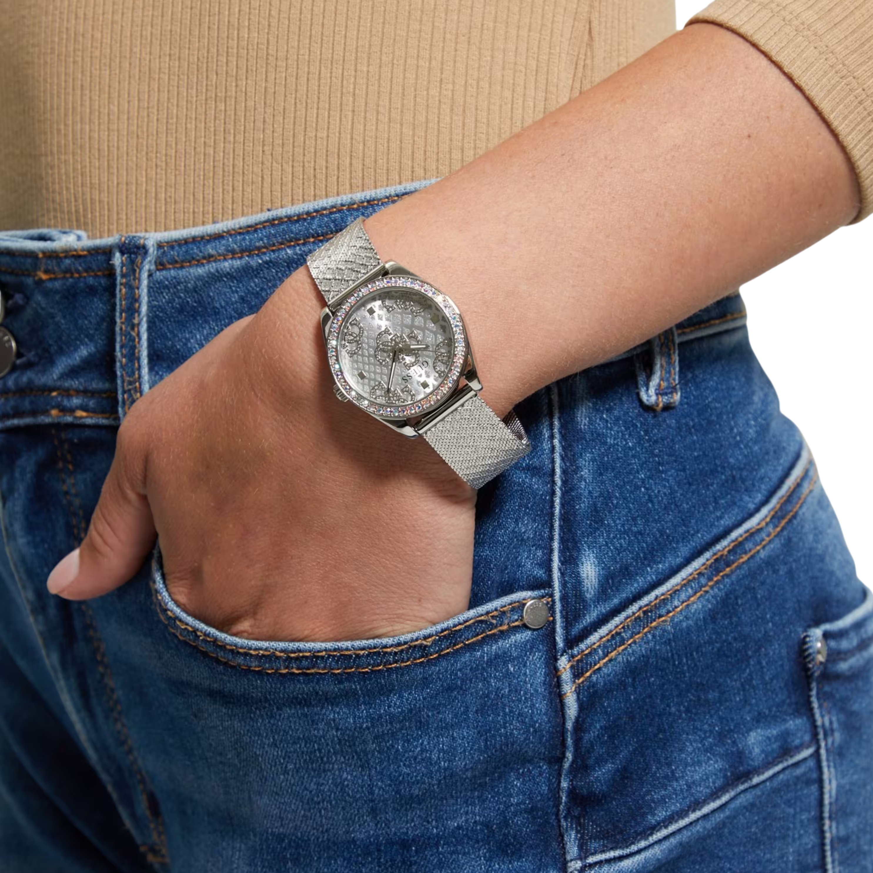 Guess Women Silver Tone Mesh Analog Watch GW0748L1 - Silver