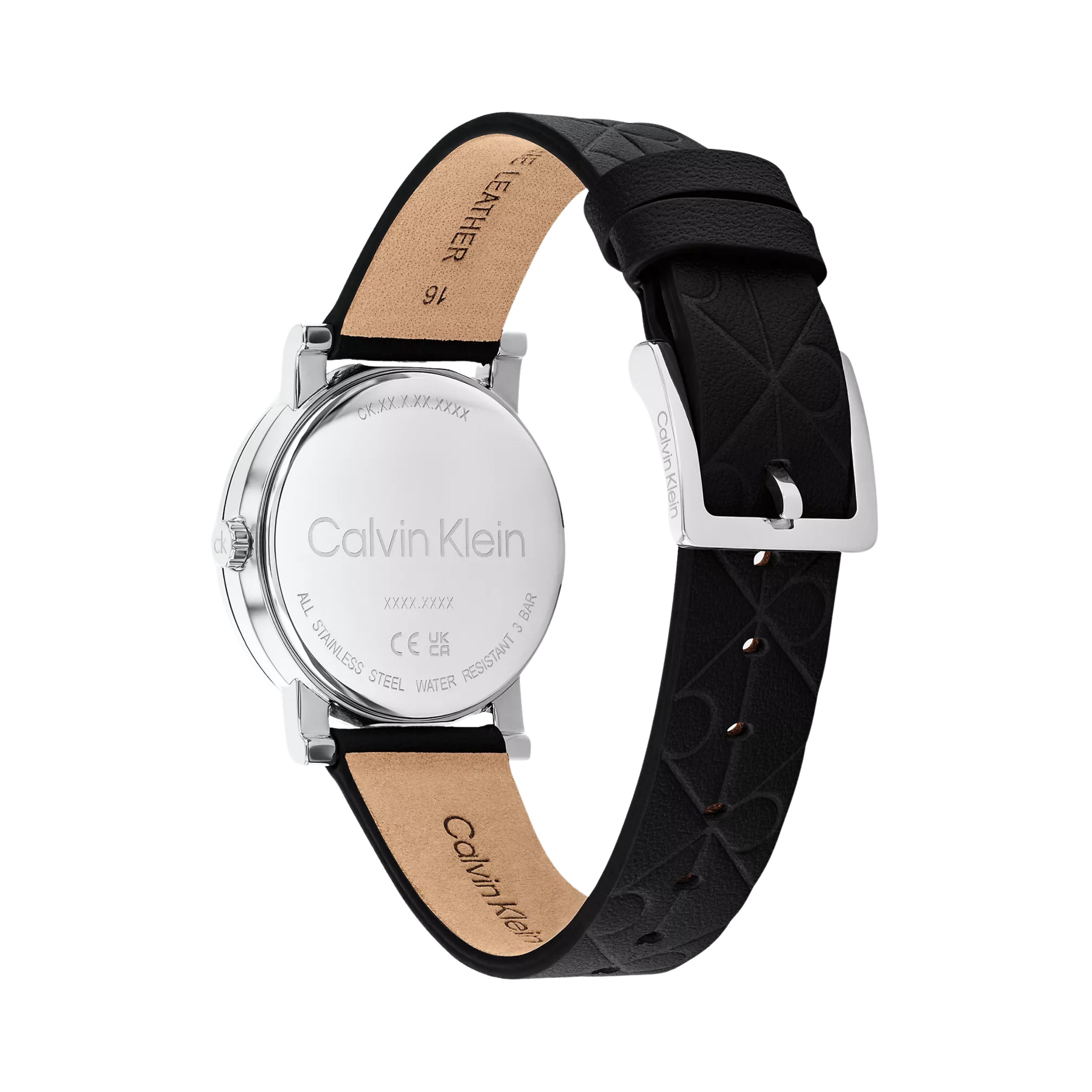 Calvin Klein Women Allover Emblem Dial Leather Strap Watch - Black