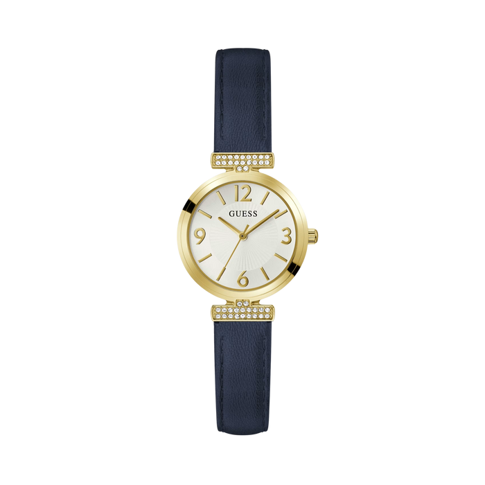 Guess Women  Gold Tone and Navy Leather Analog Watch - White Multi