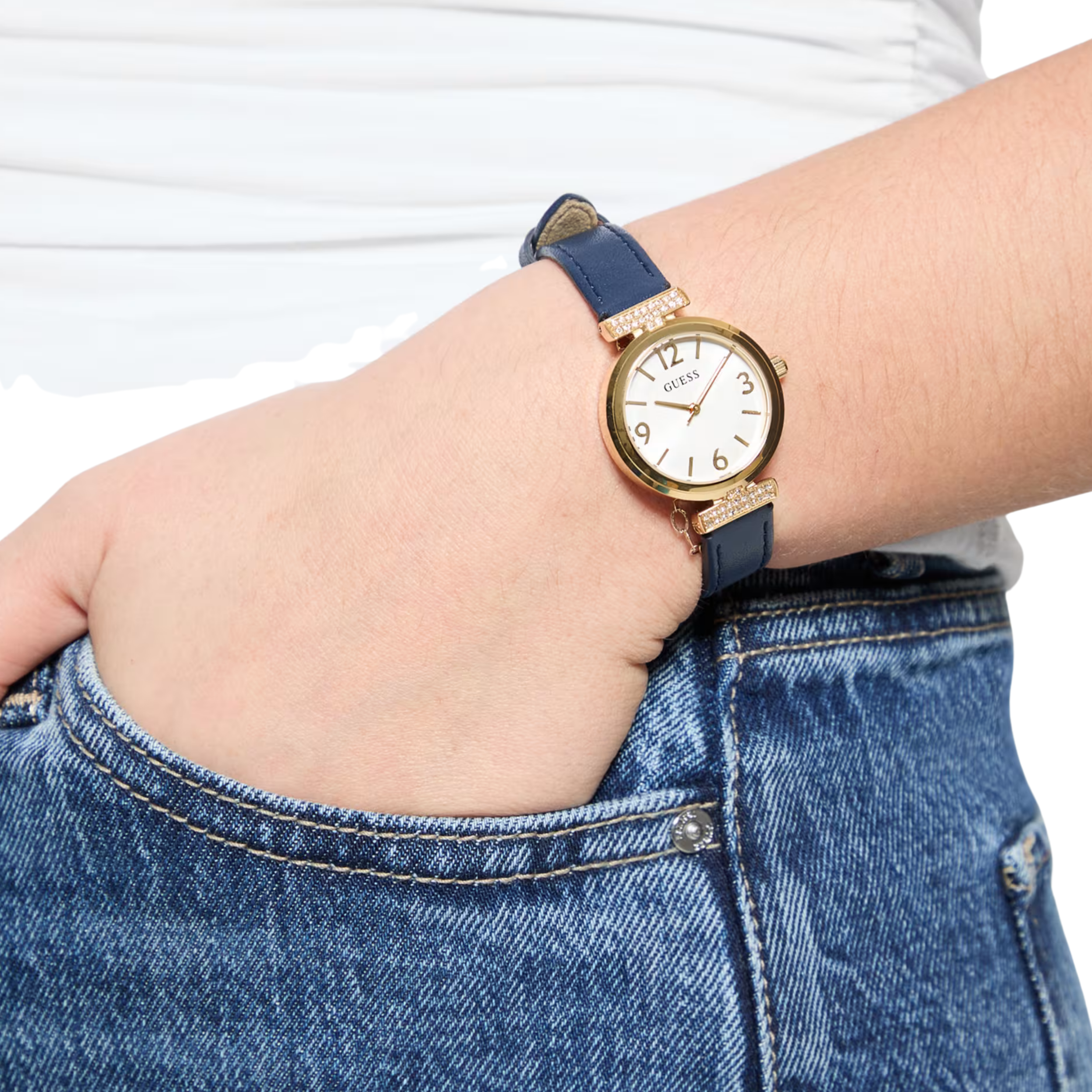 Guess Women  Gold Tone and Navy Leather Analog Watch - White Multi