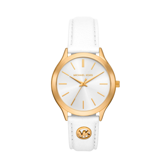 Michael Kors Women Slim Runway Gold Tone and Leather Watch - Optic White