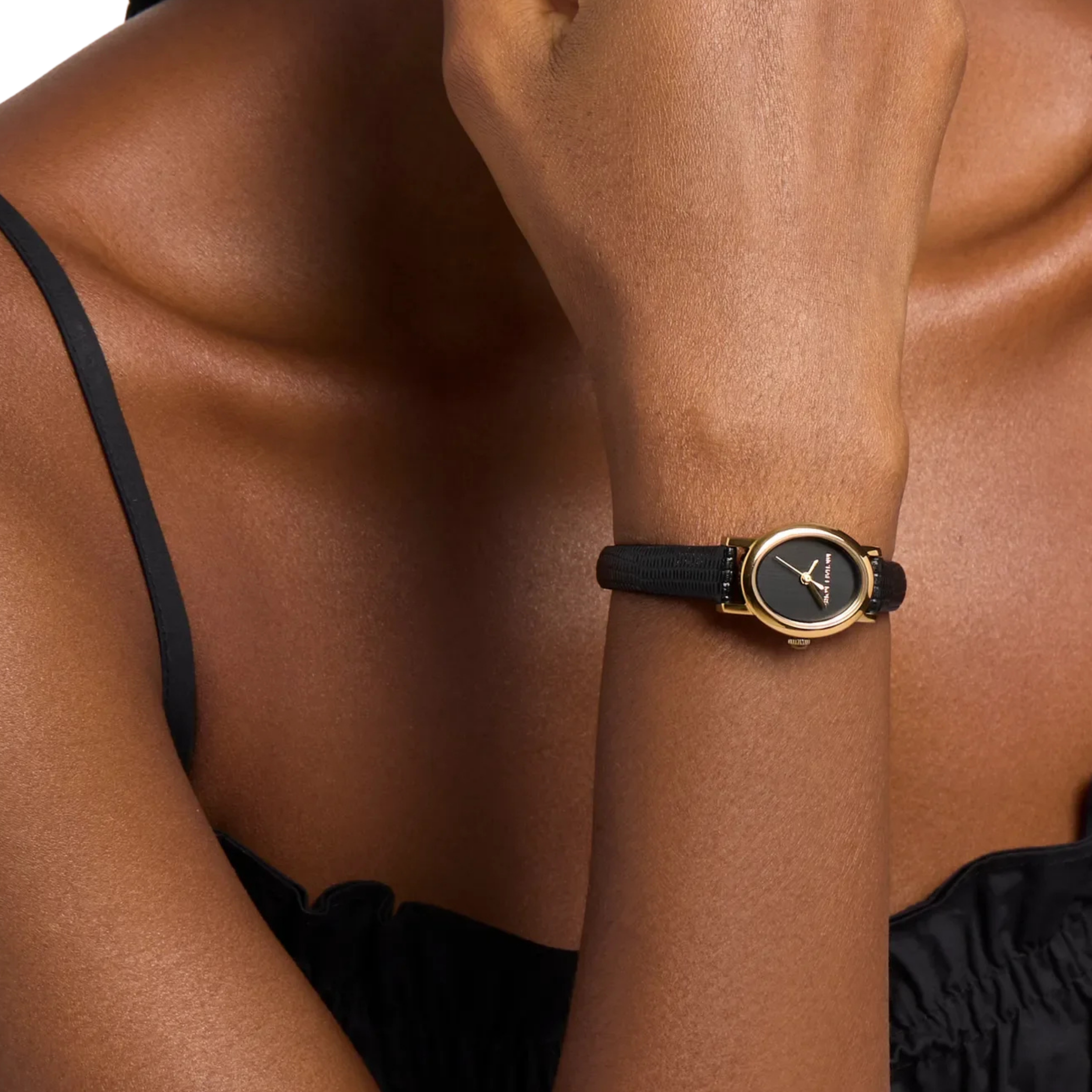 Michael Kors Women Petite Maude Gold Tone and Lizard Embossed Leather Watch - Black