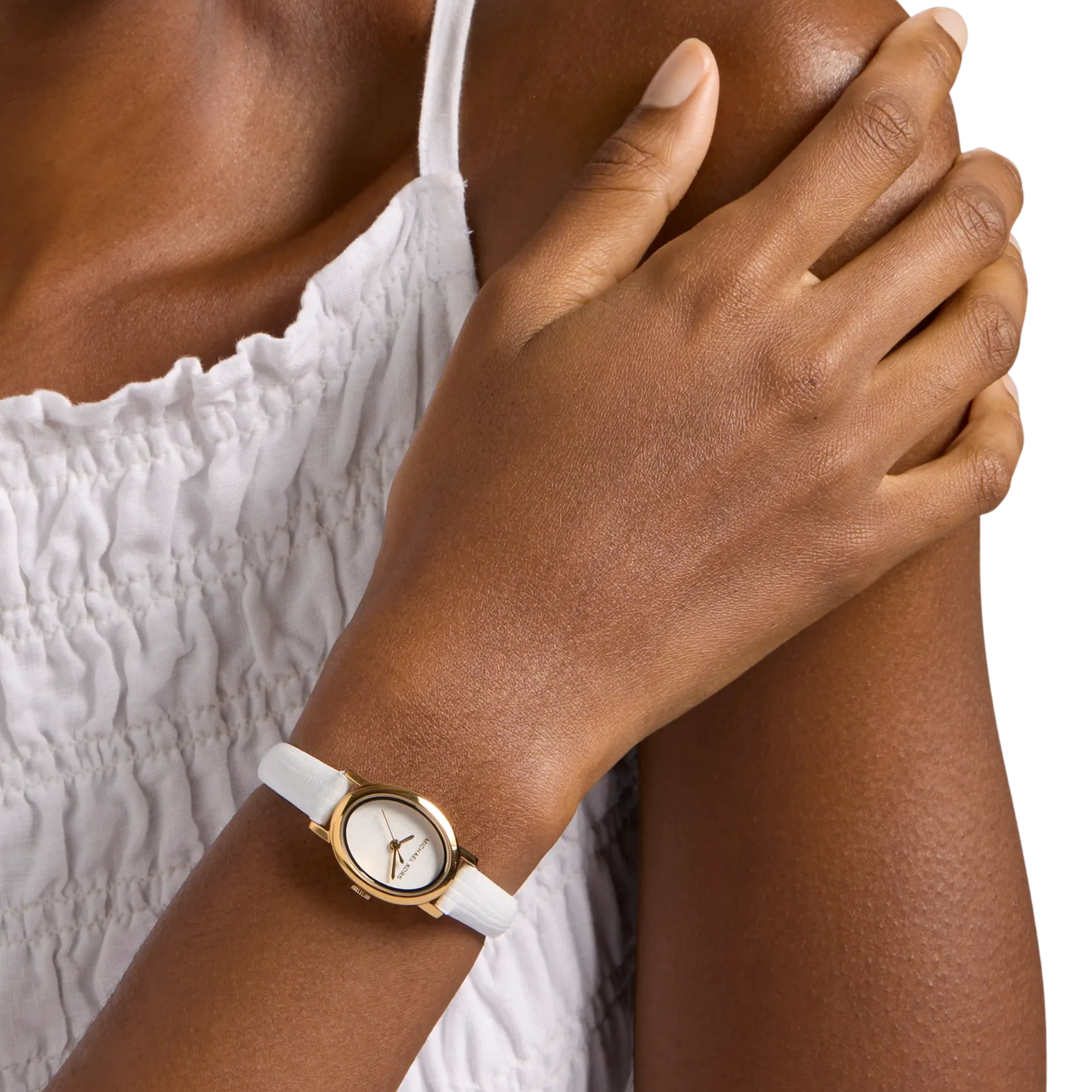 Michael Kors Women Petite Maude Gold Tone and Lizard Embossed Leather Watch - Optic White