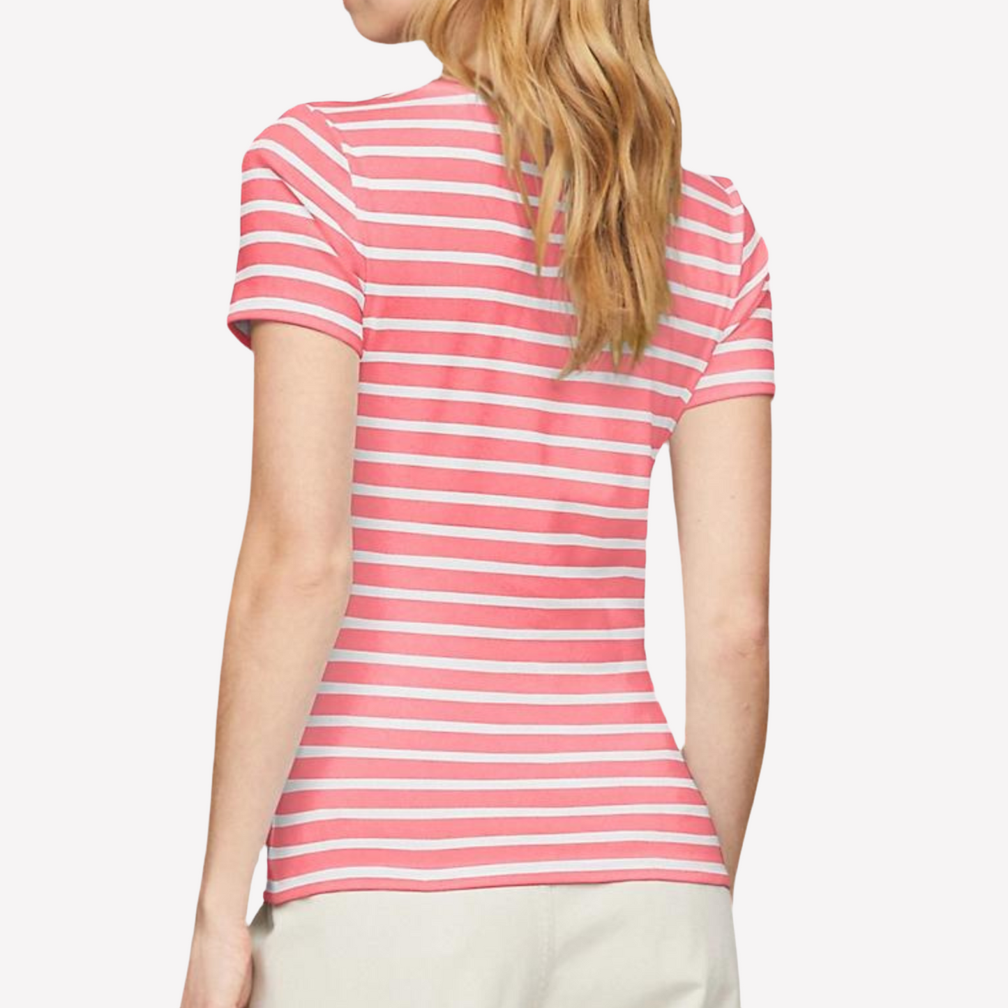 Tommy Hilfiger Women Slim Fit Stripe V-Neck T-Shirt - Glamour Pink Multi