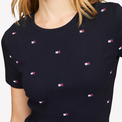 Tommy Hilfiger Women Allover Flag Logo T-Shirt - Navy Multi