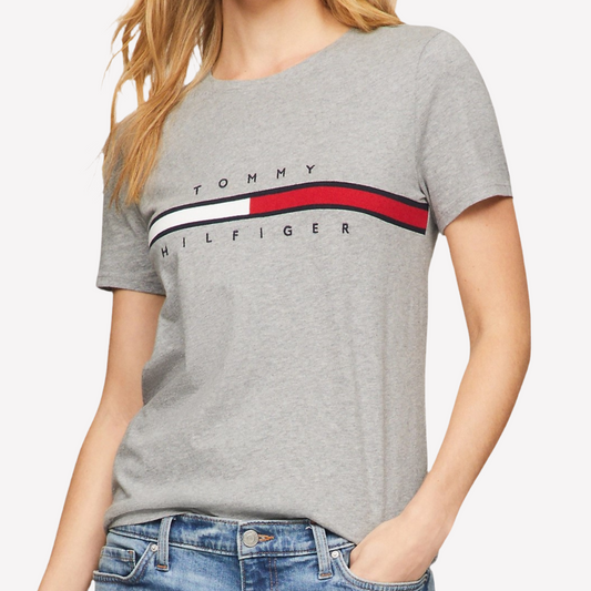 Tommy Hilfiger Women Embroidered Flag Stripe Logo T-Shirt - Gray