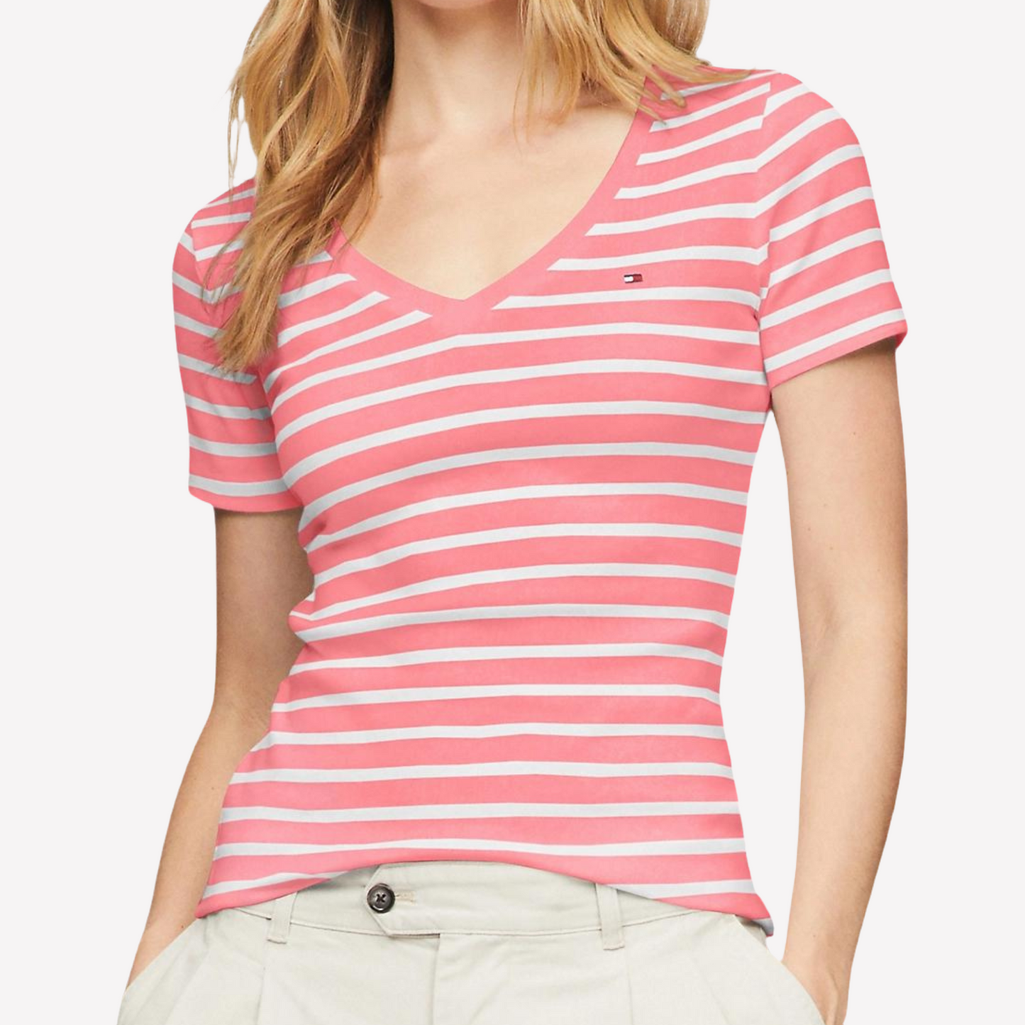 Tommy Hilfiger Women Slim Fit Stripe V-Neck T-Shirt - Glamour Pink Multi