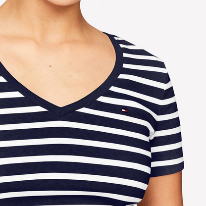 Tommy Hilfiger Women Slim Fit Stripe V-Neck T-Shirt - Navy Multi